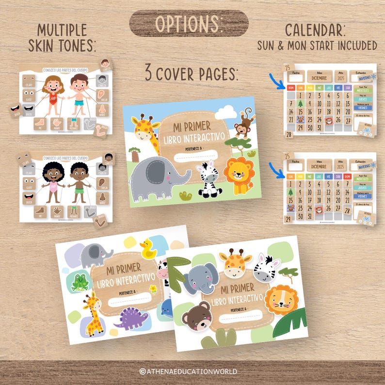 May include: Educational materials featuring interactive books with animal illustrations, multiple skin tone options, and a calendar. The books have covers with a giraffe, elephant, zebra, and lion. The calendar includes the months of the year.