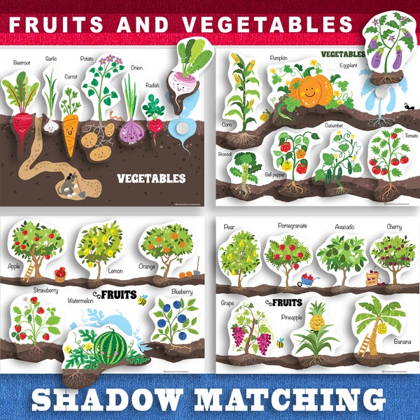 Cute Fruits and Vegetables Sorting Worksheet, Fruits and Vegetable Shadow Game, Fruits and Vegetables Matching, Learning Folder, Velcro Game