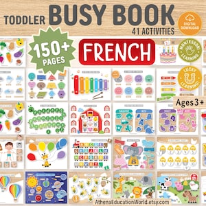 May include: A colourful toddler busy book with 41 activities and over 150 pages. The cover features the text "Busy Book" and "French". The book includes various learning activities for ages 3+, such as shapes, colours, and matching games. Digital download.