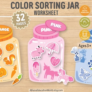 May include: Educational colour sorting worksheet with three jars labelled orange, pink, and blue. Each jar contains themed images, including a lion, pig, and whale. Suitable for ages 3+ and includes 32 pages. Digital download.