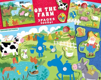 May include: A farm-themed shadow matching puzzle for kids. The puzzle features a variety of farm animals, including a cow, a donkey, a rooster, a cat, a dog, a duck, and a frog. The puzzle is designed to help children learn about farm animals and their shadows.