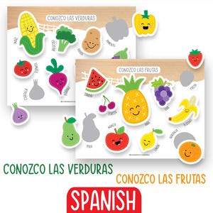 Spanish Fruits and Vegetable Shadow Game, Fruits and Vegetables Matching, Preschool Activity, Preschool Worksheet, Montessori Education