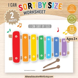 May include: A printable educational worksheet titled I CAN SORT BY SIZE featuring a colorful xylophone illustration with seven bars in red, orange, yellow, green, light blue, blue, and purple, two brown mallets, and musical note icons.