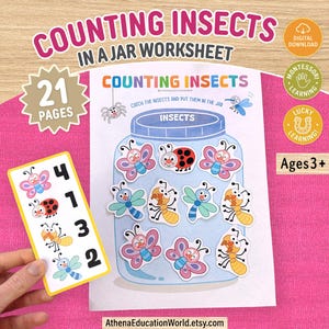 Op de afbeelding: Een Counting Insects in a Jar werkblad met 21 pagina's, met een grote blauwe potillustratie gevuld met kleurrijke cartoon insectenuitsparingen. Een gele referentiekaart toont insectenpictogrammen naast de cijfers 1 tot en met 4. Tekst bevat Ages 3+.