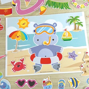 May include: A colorful summer-themed educational set featuring a hippo with a snorkel and life preserver, surrounded by beach and vacation-related illustrations. Includes a sun, sailboat, and various swimwear cutouts.