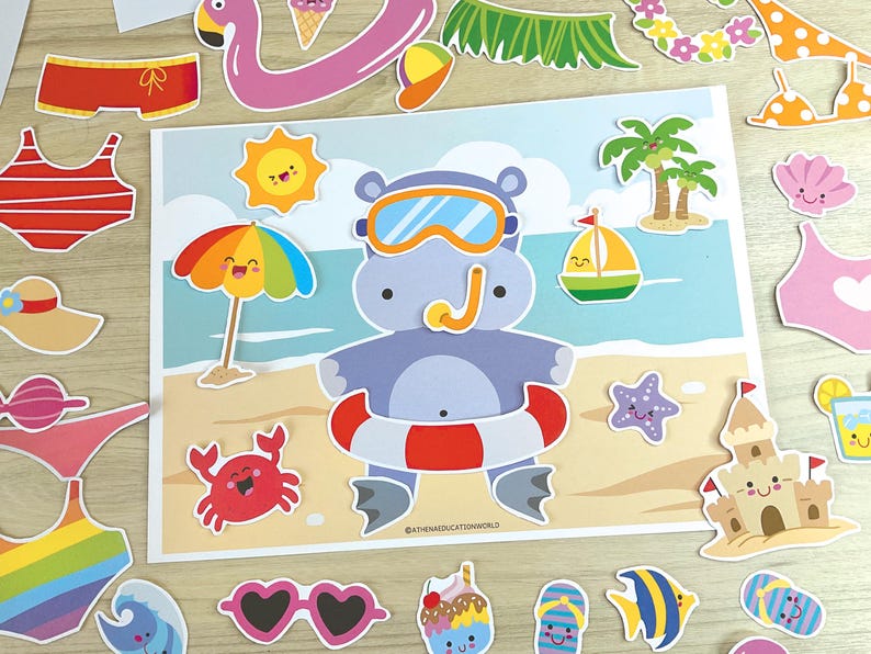 May include: A colorful summer-themed educational set featuring a hippo with a snorkel and life preserver, surrounded by beach and vacation-related illustrations. Includes a sun, sailboat, and various swimwear cutouts.