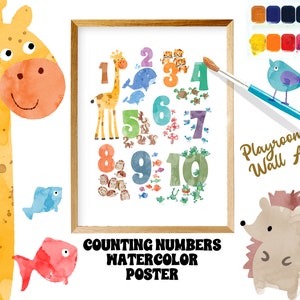 Lindo póster imprimible de conteo de animales, póster con números de animales en acuarela, decoración de sala de juegos para niños pequeños, pared de guardería, decoración de sala de juegos, educación en el hogar