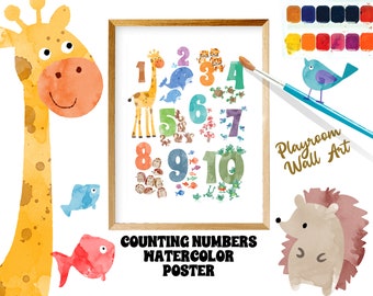 Cute Printable Animal Counting Poster, Watercolor Animal Number Poster Print, Toddler Playroom Decor, Nursery Wall,Playroom Decor,Homeschool