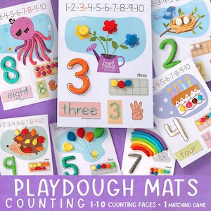 Comptage et nombres Tapis de pâte à modeler Activités préscolaires imprimables Motricité fine Chiffres 1-10 Tapis de jeu Montessori pour tout-petits