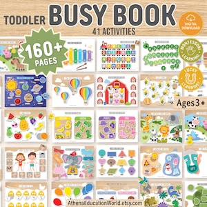 May include: A digital toddler busy book with 160+ pages and 41 activities for ages 3+. The pages feature colorful illustrations of animals, shapes, letters, numbers, and weather, with text including TODDLER BUSY BOOK, 41 ACTIVITIES, and Ages 3+.