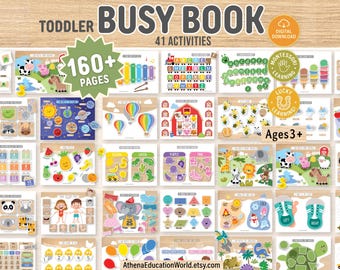May include: A digital toddler busy book with 160+ pages and 41 activities for ages 3+. The pages feature colorful illustrations of animals, shapes, letters, numbers, and weather, with text including TODDLER BUSY BOOK, 41 ACTIVITIES, and Ages 3+.