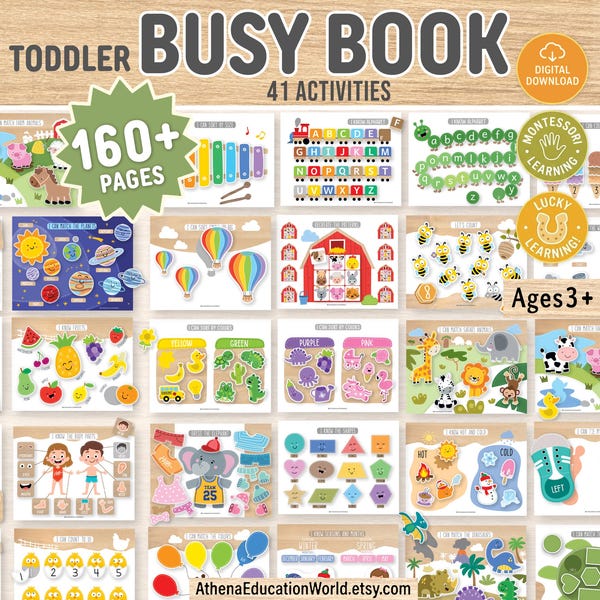 Peut inclure: Un livre d'activités numérique pour tout-petits avec plus de 160 pages et 41 activités pour les 3 ans et plus. Les pages présentent des illustrations colorées d'animaux, formes, lettres, chiffres et météo, avec le texte TODDLER BUSY BOOK.
