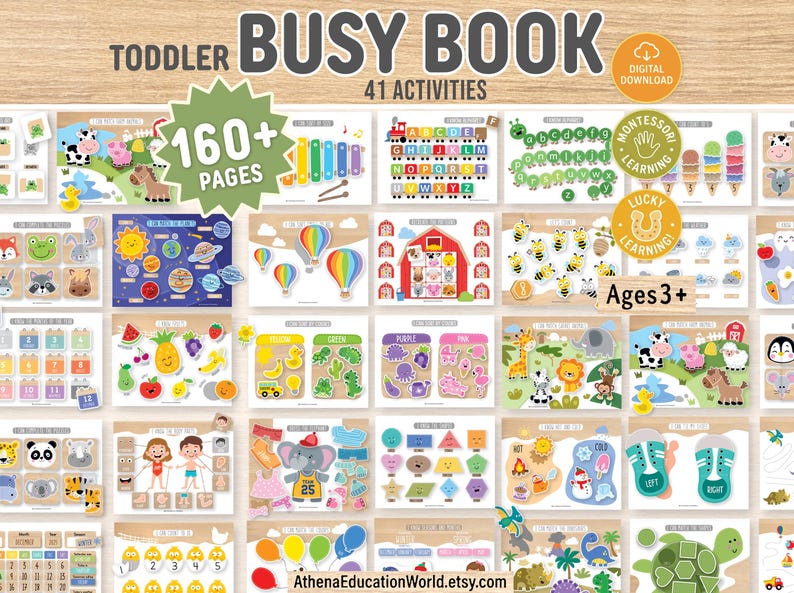 May include: A digital toddler busy book with 160+ pages and 41 activities for ages 3+. The pages feature colorful illustrations of animals, shapes, letters, numbers, and weather, with text including TODDLER BUSY BOOK, 41 ACTIVITIES, and Ages 3+.