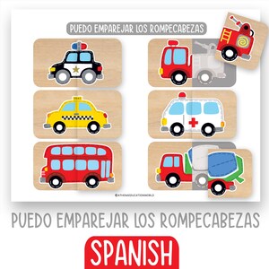May include: A set of 6 wooden puzzle pieces featuring different vehicles, including a police car, fire engine, taxi, ambulance, double-decker bus, and cement mixer. The puzzle pieces are designed for children to match the vehicles together. The text "PUEDO EMPAREJAR LOS ROMPECABEZAS SPANISH" is printed at the bottom of the image.