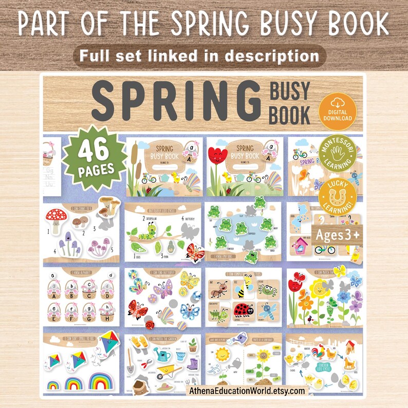 May include: A spring-themed busy book with 46 pages, featuring illustrations of flowers, insects, and other spring elements. The book includes the text "SPRING BUSY BOOK" and "Ages 3+". The digital download is available.