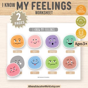 Puede incluir: Una hoja de trabajo I Know My Feelings con ocho iconos circulares coloridos con diversas expresiones faciales. Cada icono está etiquetado con emociones como confundido, feliz, sorprendido, emocionado, tonto, aburrido y triste. El diseño incluye etiquetas de texto.