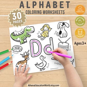 May include: Alphabet coloring worksheet with the letter "D" and illustrations of a dinosaur, doll, donut, deer, duck, dog, and drum. The worksheet includes the text "30 Pages" and "Ages 3+". The image also includes the text "Digital Download" and "Montessori Learning".