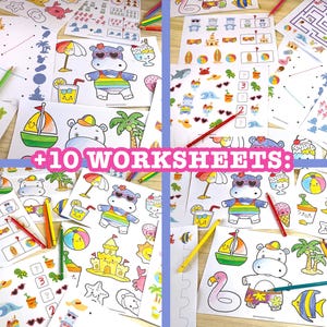 May include: A collection of colorful worksheets with summer-themed illustrations, including hippos, sailboats, and ice cream cones. The text "+10 WORKSHEETS:" is displayed. Colored pencils are scattered around the worksheets.