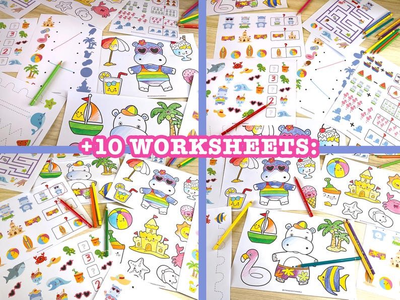 May include: A collection of colorful worksheets with summer-themed illustrations, including hippos, sailboats, and ice cream cones. The text "+10 WORKSHEETS:" is displayed. Colored pencils are scattered around the worksheets.