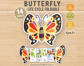 Butterfly Life Cycle Foldout Craft, Preschool Homeschool Printable, Montessori Toddler Busy Book Nature Activities, STEM Fine Motor Skills