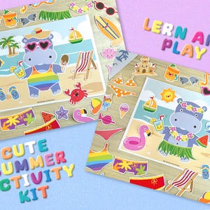 May include: A colorful summer activity kit with beach-themed stickers. The kit includes stickers of a hippo in sunglasses, a crab, a sailboat, and the text "CUTE SUMMER ACTIVITY KIT".