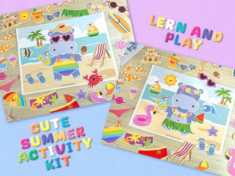 May include: A colorful summer activity kit with beach-themed stickers. The kit includes stickers of a hippo in sunglasses, a crab, a sailboat, and the text "CUTE SUMMER ACTIVITY KIT".