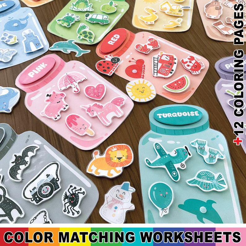 Color Matching Worksheets, Sorting Colors in Jars, Color Sorting Velcro Game, Preschool Prints, Homeschool Color Learning, Montessori color image 1