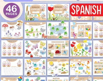 May include: A colorful Spanish language busy book for kids with 46 pages. The book features activities like counting, matching, and alphabet practice. The pages are decorated with spring-themed illustrations like butterflies, ladybugs, and flowers.