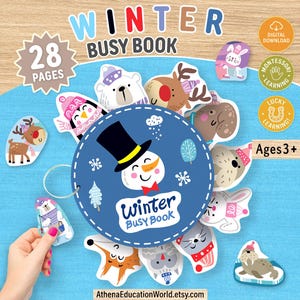 May include: A Winter Busy Book with 28 pages, featuring a circular blue cover with a snowman illustration and the text Winter Busy Book. The set includes various animal cutouts like a polar bear, reindeer, and penguin, all designed for ages 3+.