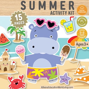 May include: A digital summer activity kit with a cartoon hippo wearing heart-shaped sunglasses and swim trunks. The kit includes 15 pages of summer-themed images like ice cream, a watermelon slice, and a sandcastle. The kit is for ages 3+.