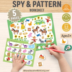 Pode incluir: Uma folha de trabalho infantil intitulada "SPY & PATTERN" com ilustrações com tema de fazenda. A folha de trabalho apresenta imagens de cavalos, porcos e outros animais de fazenda. O texto "5 PAGES" é visível. Para crianças a partir de 3 anos.