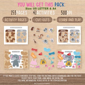 May include: Educational printable pack with activity pages and cut-outs. Includes 153 pages, 41 activities, and 300 DPI. Features animal and clothing cut-outs, plus text in Spanish. The pack is designed for learning and play.