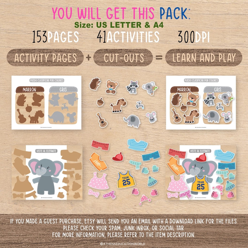 May include: Educational printable pack with activity pages and cut-outs. Includes 153 pages, 41 activities, and 300 DPI. Features animal and clothing cut-outs, plus text in Spanish. The pack is designed for learning and play.