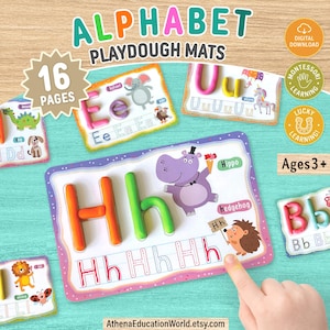 Pode incluir: Um conjunto de 16 tapetes de massinha do alfabeto com as letras D, E, U, H, B e L. Cada tapete retangular exibe uma letra grande, uma ilustração de animal e linhas pontilhadas para traçar. O texto inclui Alphabet Playdough Mats, 16 Pages, Digital Download, Montessori Learning, Lucky Learning e Ages 3+.