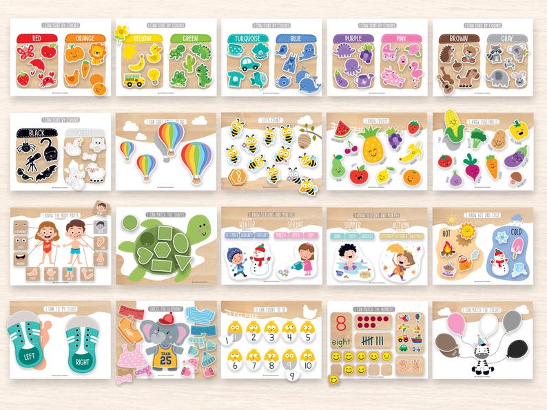 Op de afbeelding: Een collectie van twintig educatieve houten activiteitenborden met kleurrijke illustraties van dieren, fruit, vormen, cijfers en weersomstandigheden. Elk bord bevat losse onderdelen voor oefeningen in matchen, tellen en sorteren voor jonge kinderen.
