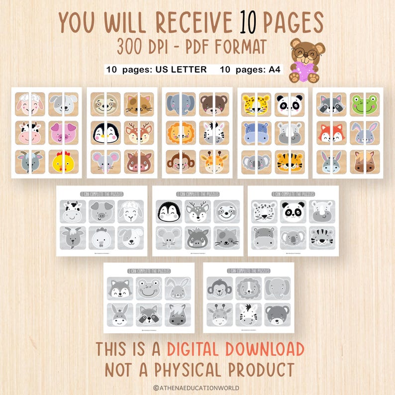 Animal Heads Matching Puzzle Printable | Interactive Face Sorting Pages ...