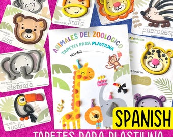 Spanish Zoo Animals Playdough Mats, Printable Play Dough Activity for Kids, Montessori Sensory Learning Preschool & Toddler Fine MotorSkills
