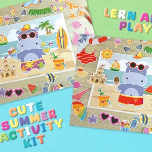 May include: A summer-themed activity kit featuring a cartoon hippo wearing sunglasses and swim trunks, surrounded by beach-related stickers. The kit includes the text "CUTE SUMMER ACTIVITY KIT" and "LERN AND PLAY".