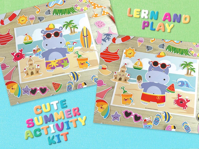 May include: A summer-themed activity kit featuring a cartoon hippo wearing sunglasses and swim trunks, surrounded by beach-related stickers. The kit includes the text "CUTE SUMMER ACTIVITY KIT" and "LERN AND PLAY".