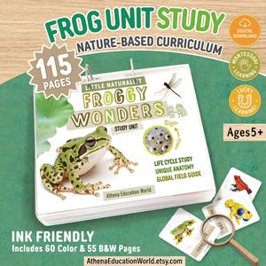 May include: A 115-page Frog Unit Study curriculum binder titled Little Naturalist Froggy Wonders. The cover features a green frog, a dragonfly, and frog eggs. Includes 60 color and 55 black and white pages, plus small cards and a magnifying glass.