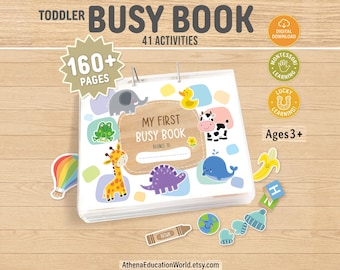 May include: A colorful toddler busy book with the title "My First Busy Book" and the text "160+ Pages, 41 Activities". The cover features animal illustrations and the book is designed for ages 3+. Includes digital download.