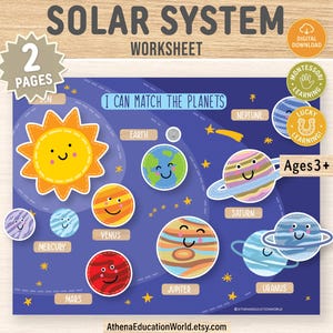 Może przedstawiać: Kolorowy arkusz pracy o układzie słonecznym z tekstem "Solar System Worksheet" i "I Can Match The Planets". Planety są zilustrowane z uśmiechniętymi twarzami. Arkusz pracy jest przeznaczony dla dzieci w wieku od 3 lat.