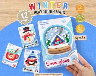 Könnte beinhalten: Ein Set aus 12 Knetmatten zum Thema Winter mit farbenfrohen Illustrationen von einem Schneemann, heißer Schokolade, einem Pinguin und einer Schneekugel, inklusive der Textbeschriftungen Snowman, Hot Cocoa, Penguin und Snow globe.
