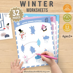 Puede incluir: Hojas de trabajo con temática de invierno con ilustraciones de un muñeco de nieve, un pingüino y un conejo. Las hojas de trabajo incluyen un laberinto y actividades de emparejamiento de sombras. El texto de la imagen dice "Winter Worksheets" y "Ages 3+".