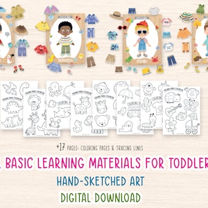 May include: A collection of children's educational materials. The image features illustrations of children with seasonal clothing, coloring pages, and the text "ALL BASIC LEARNING MATERIALS FOR TODDLERS". The art is hand-sketched and available as a digital download.
