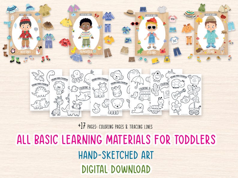 May include: A collection of children's educational materials. The image features illustrations of children with seasonal clothing, coloring pages, and the text "ALL BASIC LEARNING MATERIALS FOR TODDLERS". The art is hand-sketched and available as a digital download.