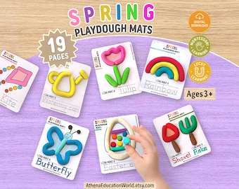 Könnte beinhalten: Ein Set aus 19 ausdruckbaren Knete-Matten zum Thema Frühling mit Illustrationen von Drachen, Gießkanne, Tulpe, Regenbogen, Schmetterling, Osterei, Schaufel und Rechen. Jede Karte enthält Textvorgaben und Platz zum Formen mit der Knete.