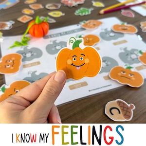 May include: An orange pumpkin-shaped felt sticker with a smiling face and tongue sticking out, labelled "Silly." The image includes other pumpkin-themed emotion stickers and the text "I Know My Feelings."