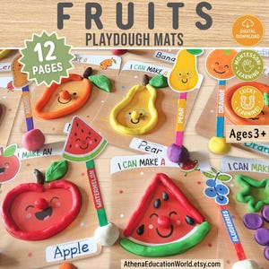 May include: Playdough mats featuring various fruits like apples, oranges, and watermelons. Each fruit is crafted from colorful playdough and accompanied by a label. The set includes 12 pages and is designed for ages 3+.