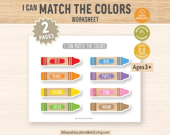 May include: A two-page educational worksheet titled I CAN MATCH THE COLORS featuring eight crayon illustrations in red, orange, yellow, green, blue, purple, pink, and brown. Each crayon contains its corresponding color name in white text.